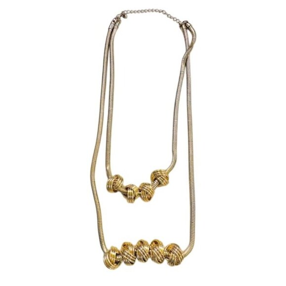 Gold-Tone Double Layer Snake Knotted Bead Necklace Earrings Set Adjust Chain 10" - Picture 2 of 6